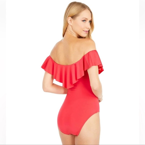 TRINA TURK Coral Off Shoulder Ruffle One Piece Swimsuit Suit size 12 NWOT - Picture 2 of 4